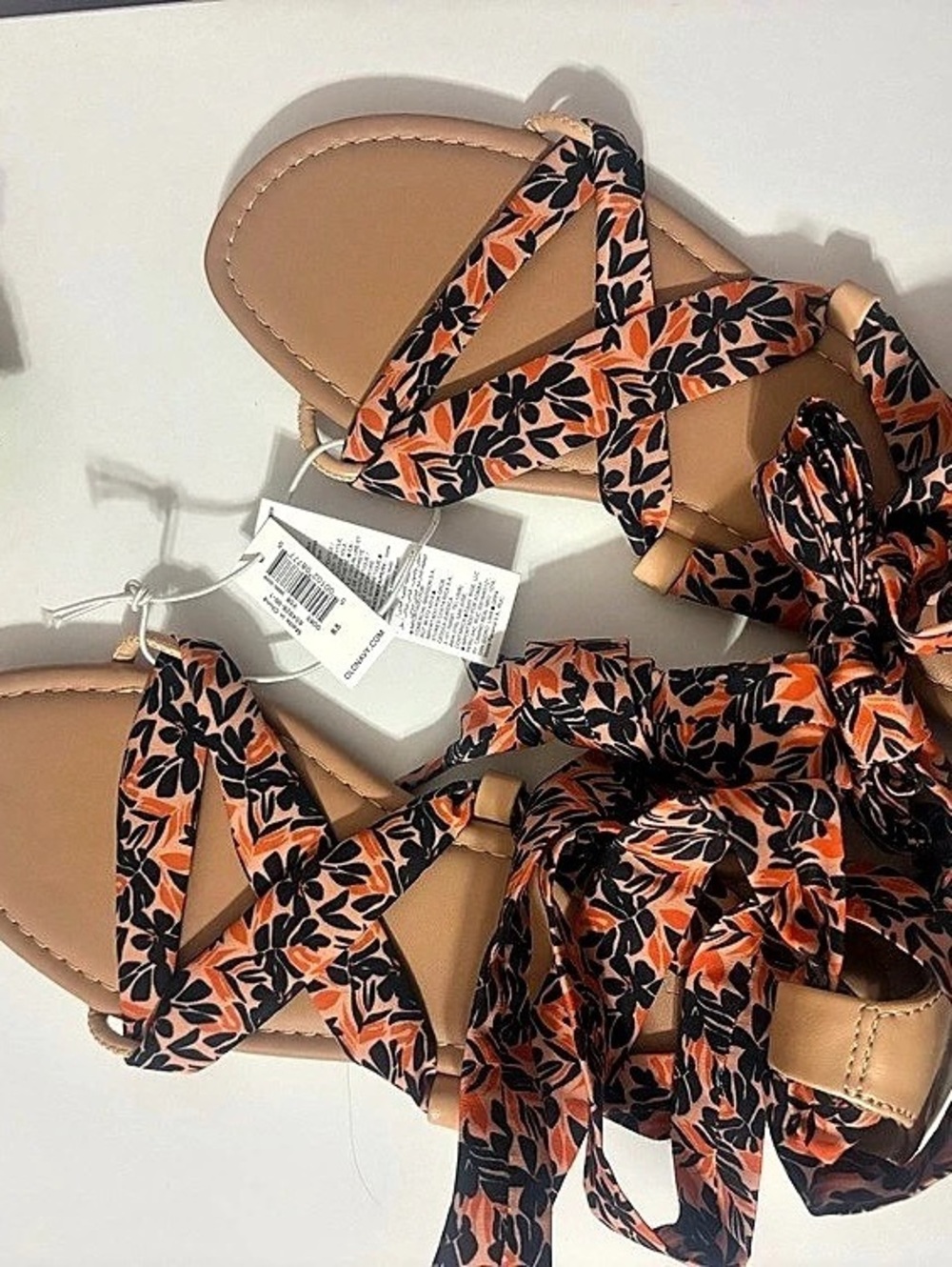 Old Navy Wrap-Tie Scarf Sandal Floral Strap Sandals Brown & Orange